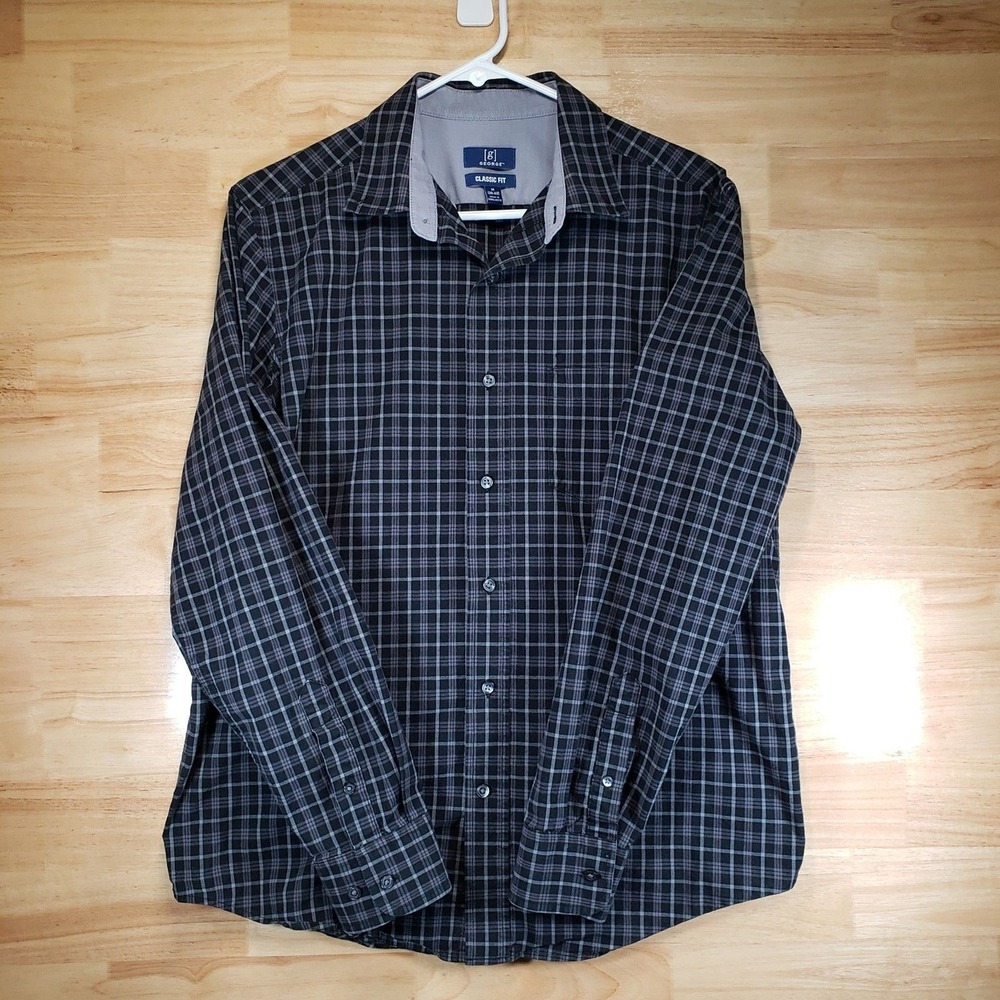 George Men's Classic Fit Shirt M Black Gray Plaid Long Sleeve Cotton Blend